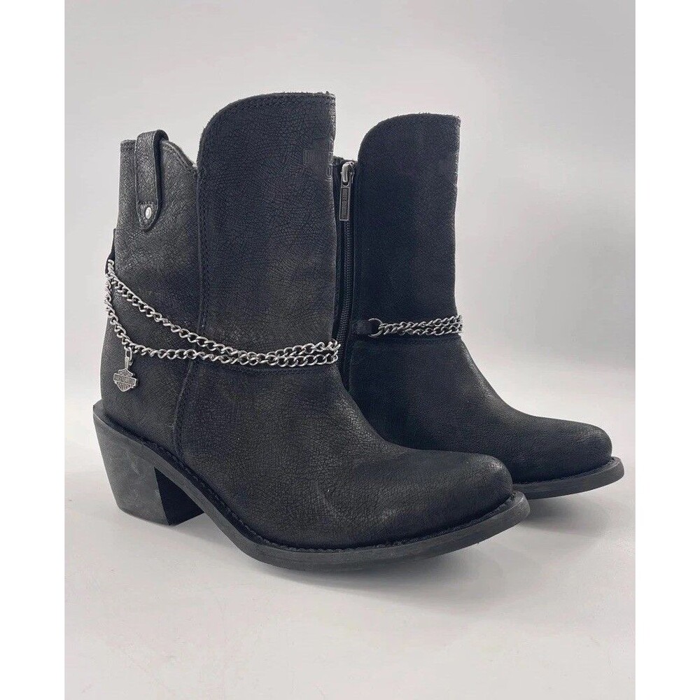 Harley Davidson Women's Black Ankle Boots with Chain and Zipper Detail